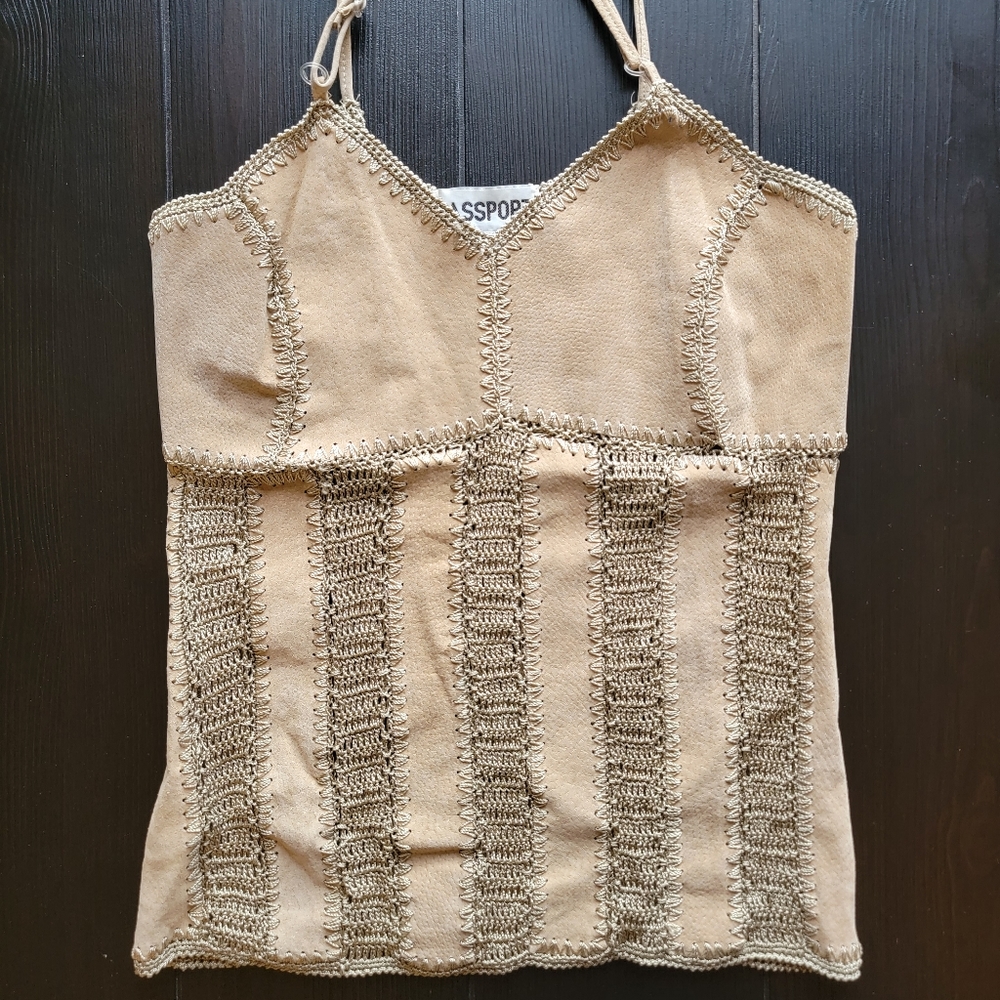 Vintage authentic leather and crochet top sz S